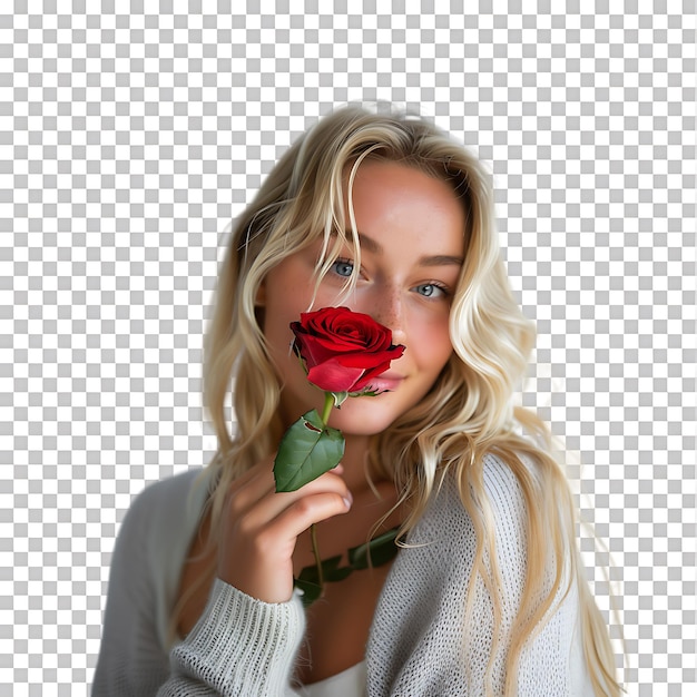 PSD close up blonde woman who plays touches and smells a red rose in a photographic studio