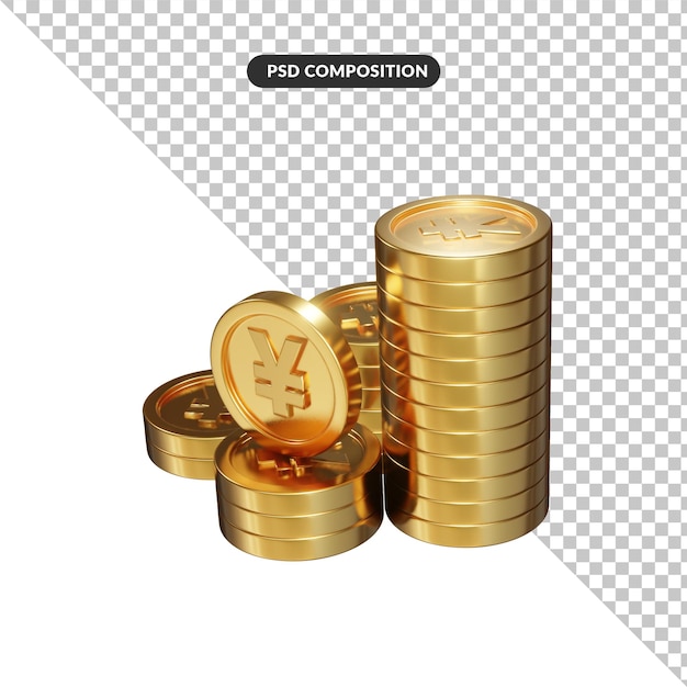 Close up on bulk coin yen 3d rendering isolated