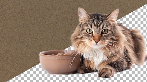 Close up on a cat while waiting food or water Beautiful cat sitting next to his bowl Isolated