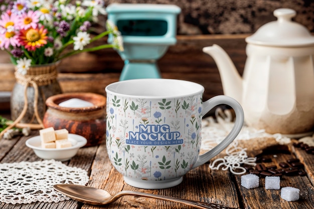 Close up on cottagecore mug mockup