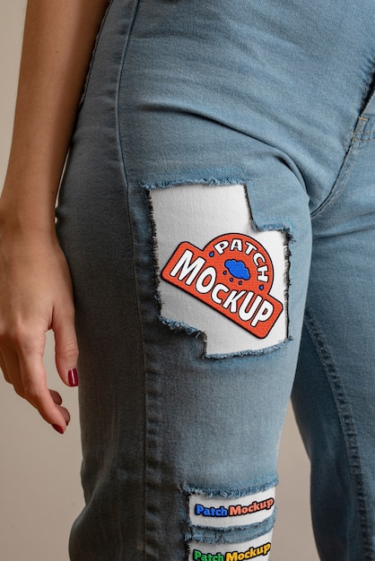 Close up on denim patches mockup