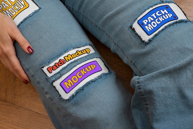 Close up on denim patches mockup