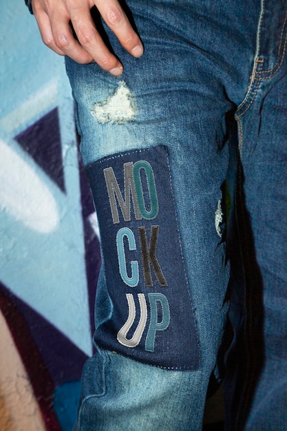 PSD close up on denim patches mockup