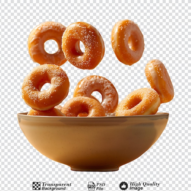 Close up on donuts flying in a bowl isolated on transparent background