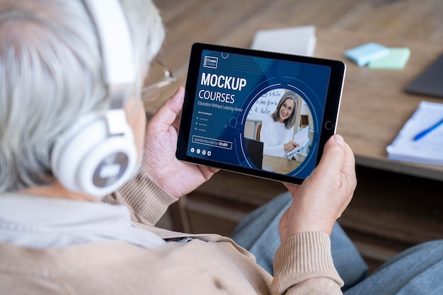 PSD close up on elderly person using digital device mockup