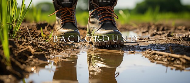 PSD close up of farmer feet wearing boots while working in the rice field