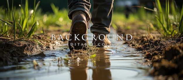 PSD close up of farmer feet wearing boots while working in the rice field