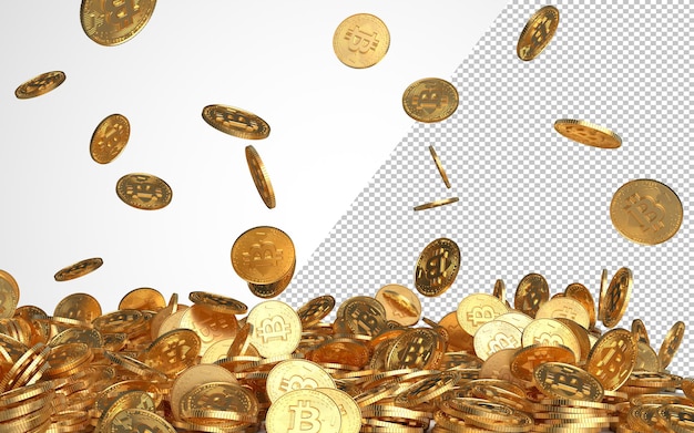 Close up of golden bitcoins tossed into the air as example for blockchain and crypto-currency concept. mockup. 3d render illustration.