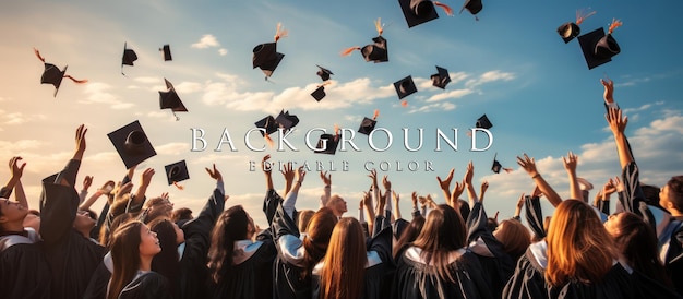 close up of graduates hands throwing graduation caps into the blue sky as graduates graduate