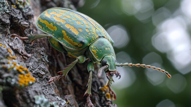 PSD close up green beetle on tree trunk