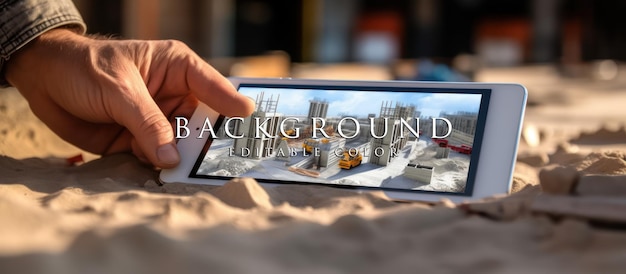 PSD close up of hand using digital tablet with construction management software at construction site