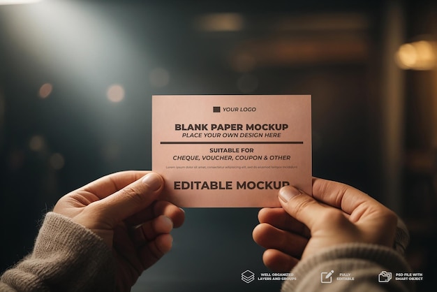 Close up holding empty small paper cheque voucher coupon size mockup