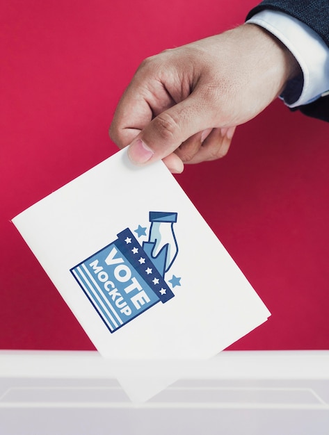 PSD close-up male putting ballot mock-up in box