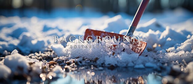 close up of mans hand removing snow with a shovel from the sidewalk after a snowstorm