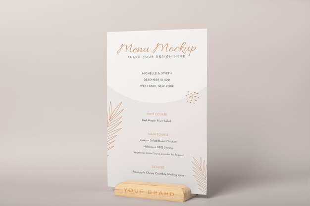 Close up on menu mockup in wooden holder