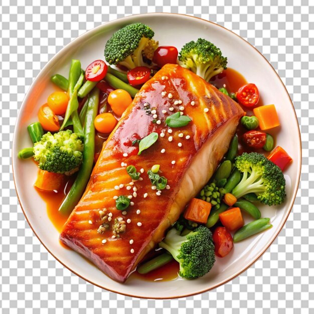 PSD close up overhead view of a plate showing salmon transparent background