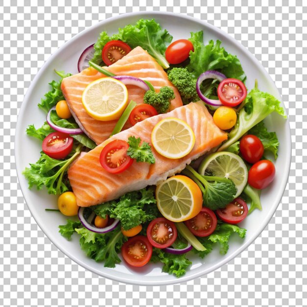 PSD close up overhead view of a plate showing salmon transparent background