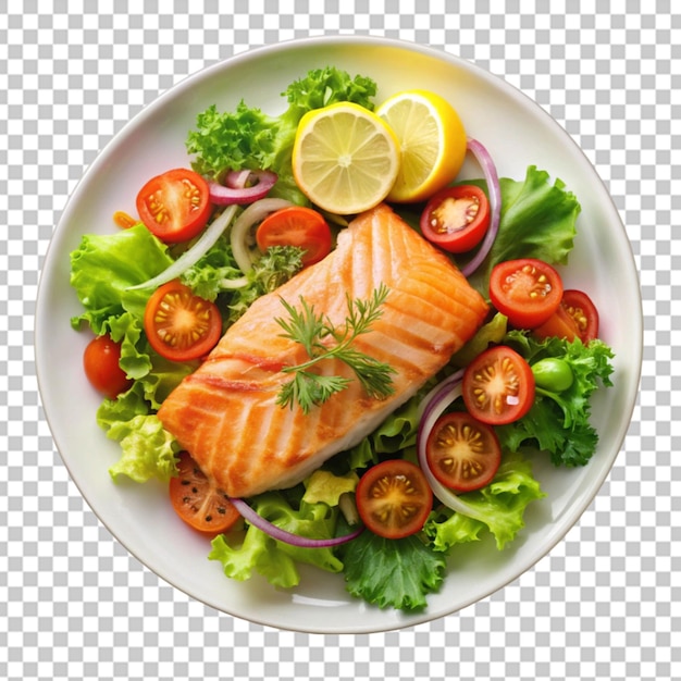 PSD close up overhead view of a plate showing salmon transparent background