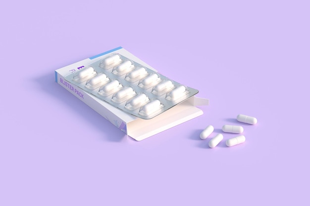 Close up of package blister with round medicines one color pills Mockup template 3d rendering