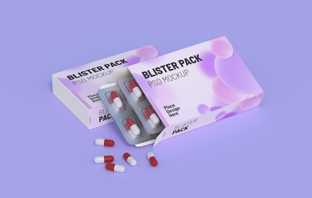 Close up of package with two blisters with medicines pills Mockup template 3d rendering