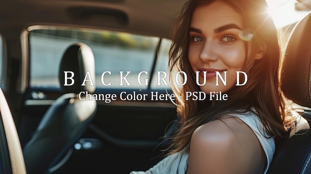 PSD close up portrait of a pleasant looking woman with a happy positive expression sitting in a car