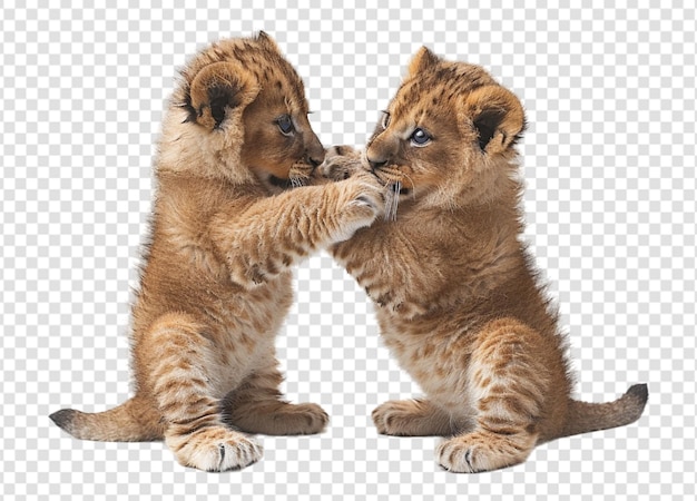 close up portrait of two baby lions playing isolated on transparent background