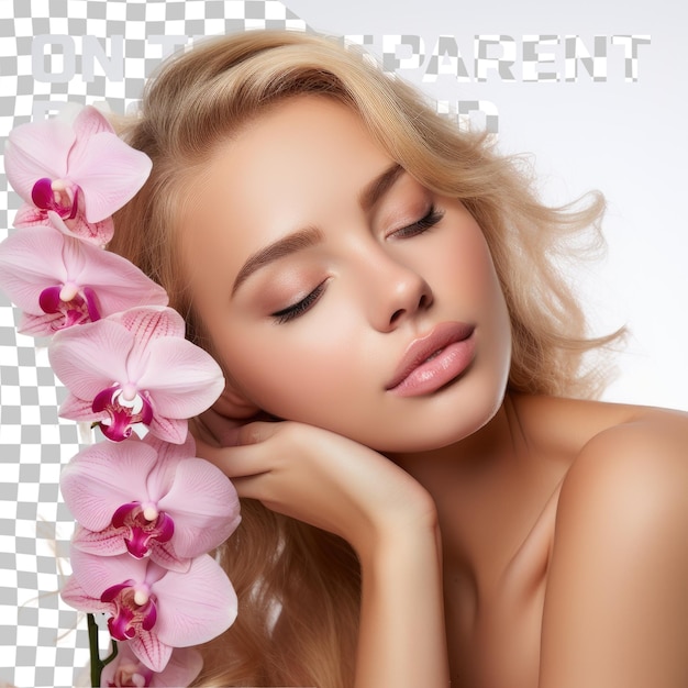 PSD close up portrait of young woman beautiful blonde sexy girl having fun relaxing holding pink orchid