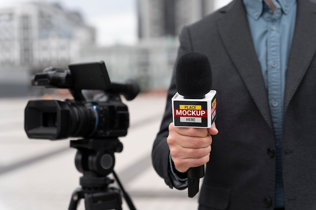 Close up on reporter holding microphone mockup