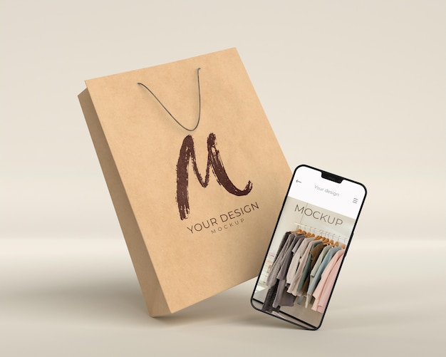 Close up on shopping bag with digital device mockup