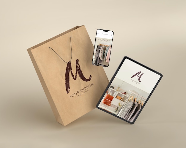 Close up on shopping bag with digital device mockup