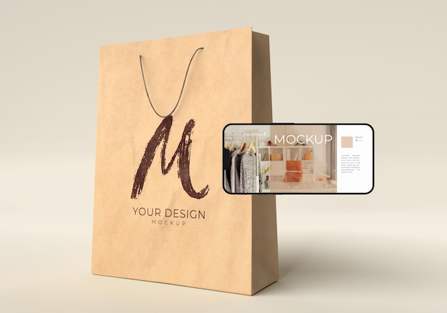 Close up on shopping bag with digital device mockup