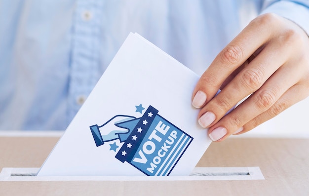 Close-up woman putting ballot mock-up in box