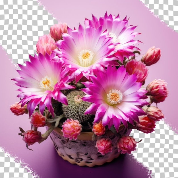 Closeup of blooming Echinopsis cactus with hot pink and purple flowers in a small pot isolated on transparent background