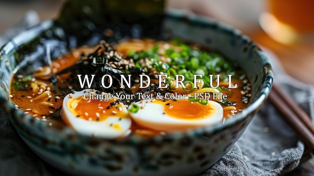 PSD closeup of a bowl of ramen with softboiled egg and seaweed