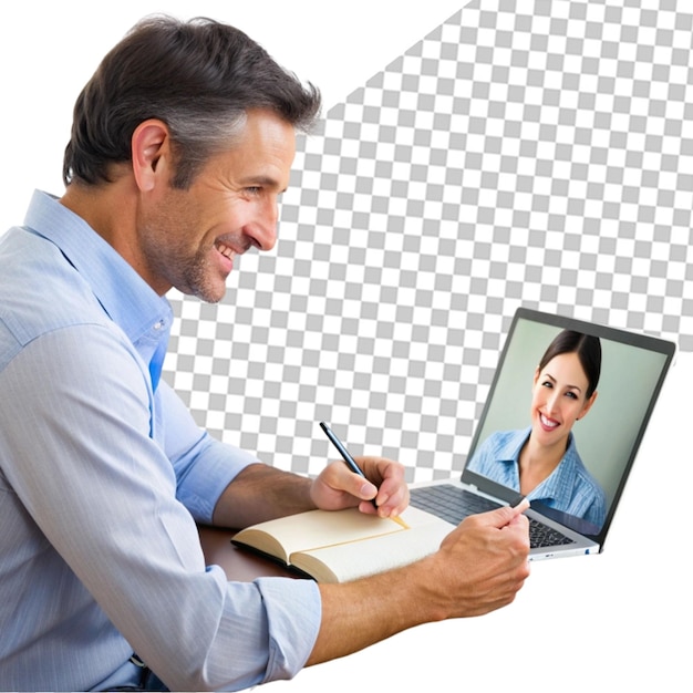 PSD closeup of businessman using laptop while making video call with a colleague from the office