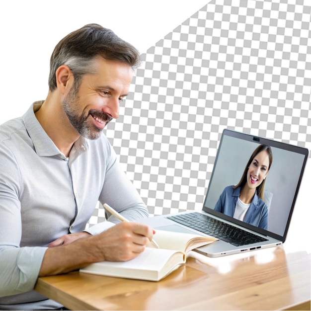 PSD closeup of businessman using laptop while making video call with a colleague from the office