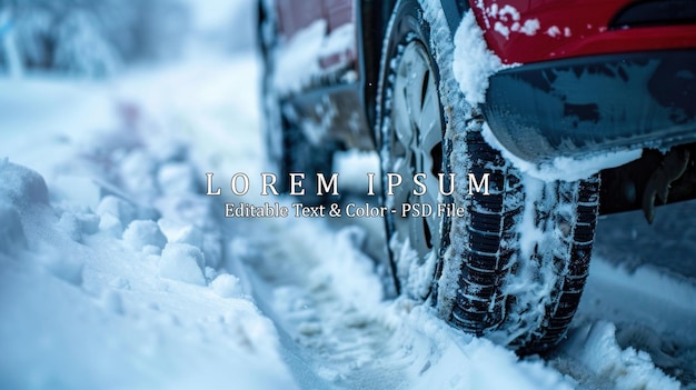 Closeup of car wheels rubber tires in deep winter snow AI generated