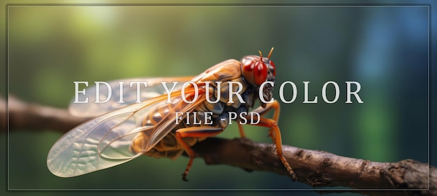 PSD closeup of a cicada on a branch