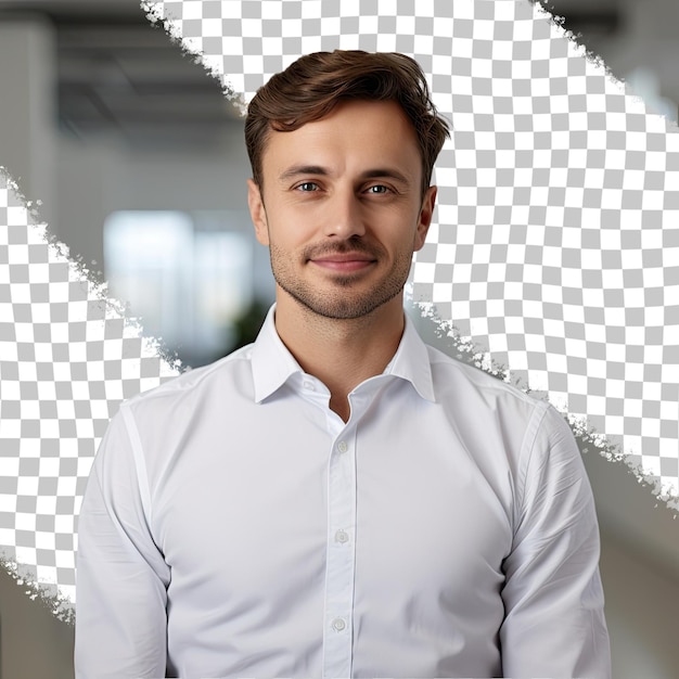 PSD closeup of confident male employee in transparent collar shirt smiling at camera standing selfass