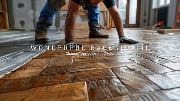 PSD closeup of a construction worker installing wood flooring laying herringbone wood floors during a home renovation project