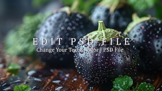 PSD closeup of fresh eggplants with water droplets