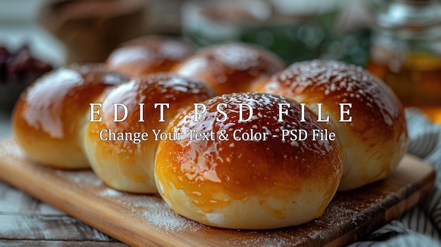 PSD closeup of golden brown bread rolls with glaze