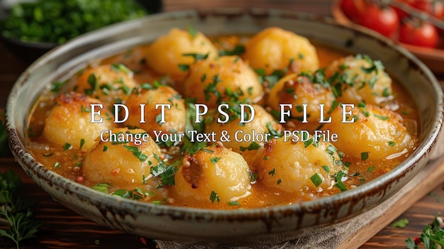 CloseUp of Golden Brown Potatoes in a Bowl with Herbs