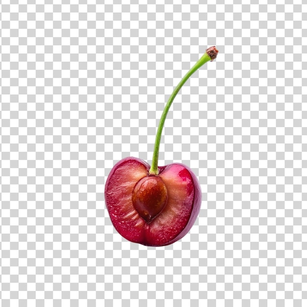 A closeup of a half cherry isolated on transparent background