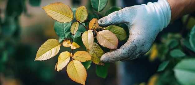 PSD closeup of a hand in a glove gently holding a branch of yellow leaves