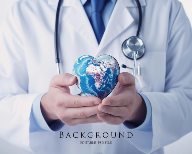 PSD closeup hands doctor holding world globe with stethoscope on the white background