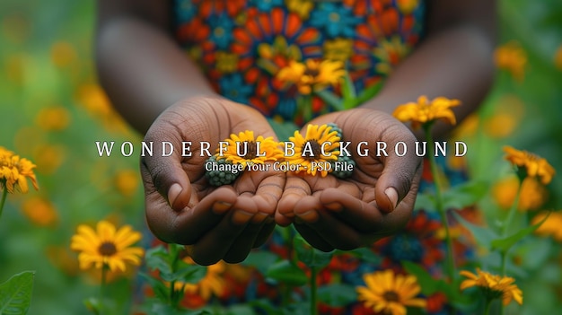 PSD closeup of hands holding yellow flowers