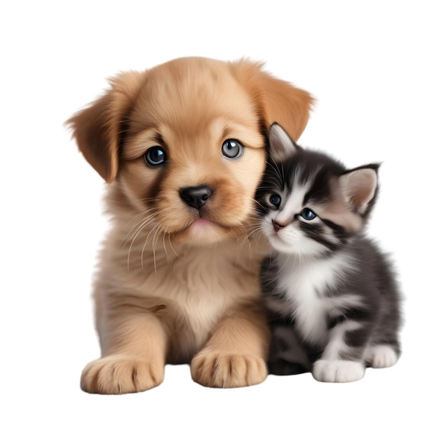 A closeup image of a cute little kitten and a puppy