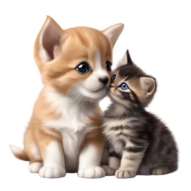 A closeup image of a cute little kitten and a puppy