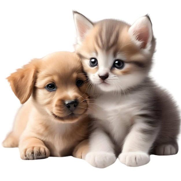 A closeup image of a cute little kitten and a puppy